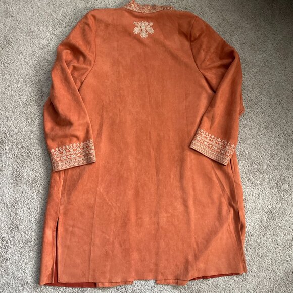 Soft Surroundings Jacket Womens XL Orange Long Embroidered Boho Festival Sueded - Picture 8 of 8